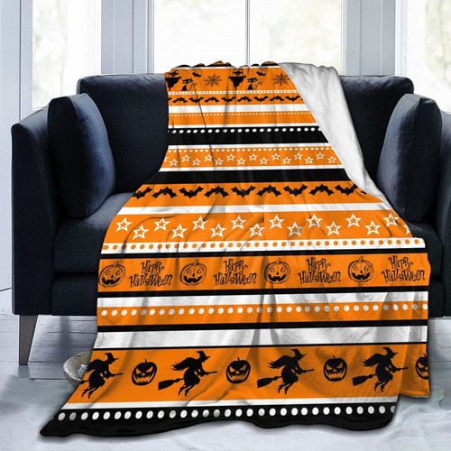 Ahuahua Halloween Blanket Pumpkin Striped Orange Throw Blanket Halloween Throw Blankets Decoration Cozy Soft Flannel Bed Blanket Ghost Blanket Halloween Decor for Couch Sofa Chair 50"X40"