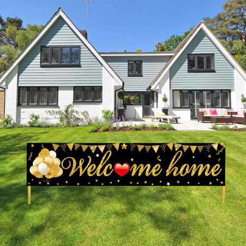 Welcome Home Banner Decorations, Black Gold Welcome Back Home Family Yard Banner Party Supplies, Patriotic Military Homecoming Army Deployment Returning Back for Indoor Outdoor