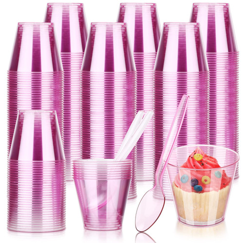 100 Sets 5 oz Dessert Cups with Spoons Plastic Color Cups for Desserts Ice Cream Parfait Sundae Fruit Pudding (Pink) 100 Sets 5 oz Dessert Cups with Spoons Plastic Color Cups for Desserts Ice Cream Parfait Sundae Fruit Pudding (Pink)