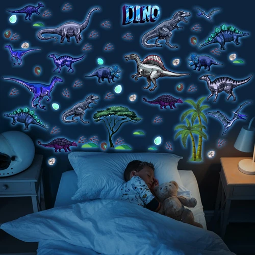114 Pieces Dinosaur Wall Decals Glow in The Dark Dinosaur Wall Stickers Removable Dinosaur Wall Decor Dinosaur Wall Mural for Kids Nursery Living Room Classroom Birthday Decoration (Blue Glow)