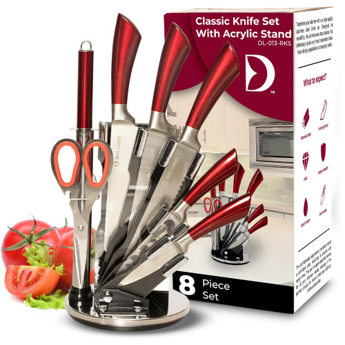 DIO LUDO - Stainless Steel Knife Set 8-Pieces Essentials for the Kitchen with Acrylic Base that Rotates 360 Degrees (red handle)