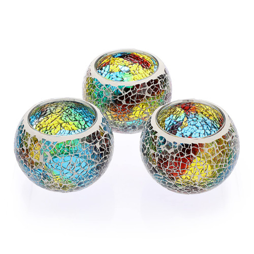 OwnMy Set of 3 Colorful Mosaic Glass Tea Light Holders Round Bowl Votive Candle Holders Pillar Candle Stands, Glass Mosaic Tealight Holders Potted Plant Bowl Vase Candle Centerpiece for Table Wedding