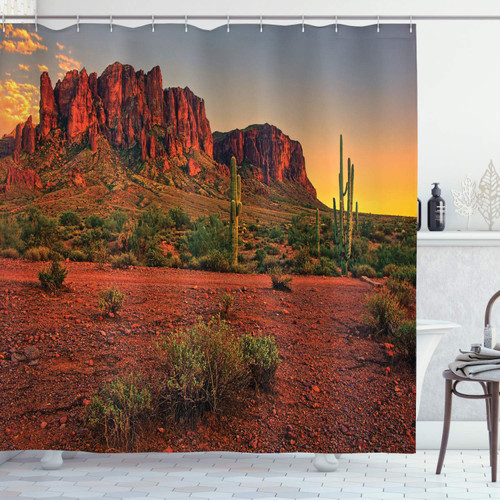 Ambesonne Saguaro Shower Curtain, Colorful Sunset View of The Desert and Mountains Near Phoenix Arizona USA, Cloth Fabric Bathroom Decor Set with Hooks, 69" W x 75" L, Yellow Green