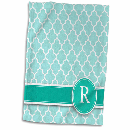 3D Rose Letter R Aqua Blue Quatrefoil Pattern Teal Turquoise Mint Monogrammed Personal Initial Towel, 15" x 22", Multicolor