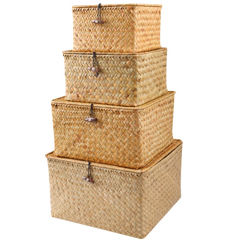 FEILANDUO 4Pcs Wicker Storage Baskets with Lids Seagrass Woven Baskets for Shelves Stackable Storage Boxes for Organizing Rattan Bins (Natural) FEILANDUO 4Pcs Wicker Storage Baskets with Lids Seagrass Woven Baskets for Shelves Stackable Storage Boxes for Organizing Rattan Bins (Natural)