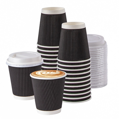 Galashield Insulated Disposable Coffee Cups with lids [50 Sets] 10 oz Corrugated Ripple To Go Paper Hot Beverage Cups - Black