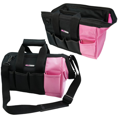 MeloTough Pink Women Tool Bag With Shoulder Strap Open Top Wide Mouth Storage Tradesman Tool Organizer Bag (12 inch, Pink)