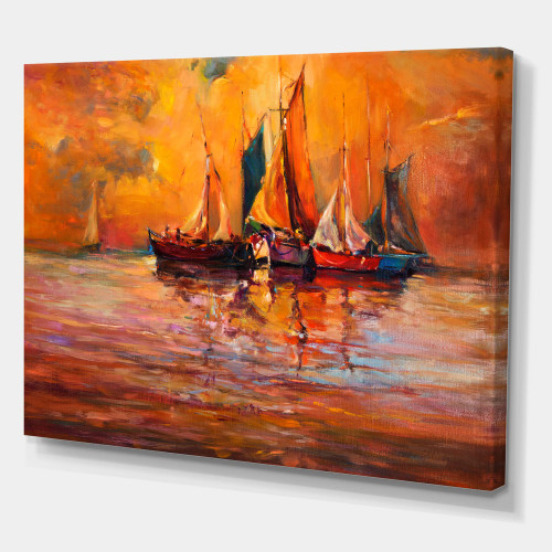 DesignQ Boats On The Ocean During Evening Sunset I Nautical & Coastal Canvas Wall Art, Orange, 12x8