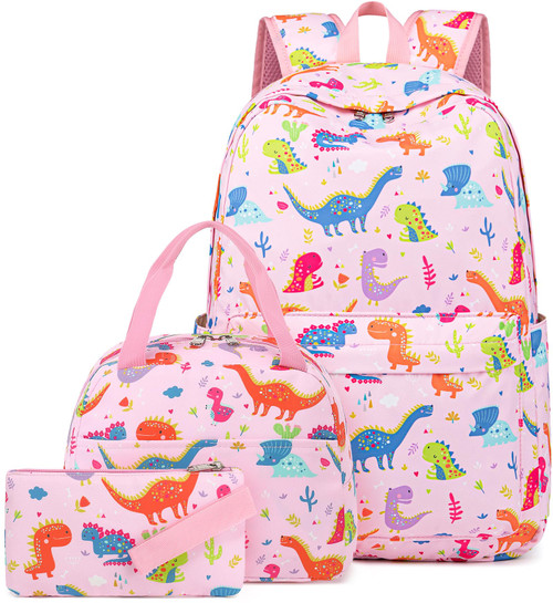 CAMTOP Backpack for Teen Girls Kids School Bookbag with Lunch Box and Pencil Case Set for Age 5-14 (Colorful Dinosaur)