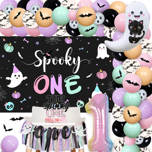 Wonmelody Halloween 1st Birthday Party Decorations for Girls Spooky One Backdrop Cake Topper Pastel Macaron Halloween Balloon Garland Kit Number 1 Balloon for First Boo Day