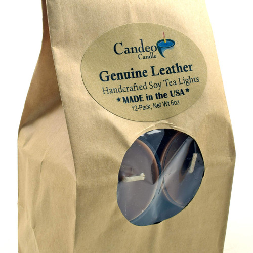 Candeo Candle Genuine Leather Scented - Soy Tealight Candles, 12 Pack - Brown Tealight Candles - Highly Scented - Made with Soy Wax - Handmade in The USA Summer Scents