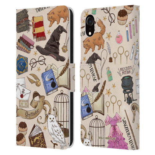Head Case Designs Officially Licensed Harry Potter Hogwarts Pattern Deathly Hallows XXXVII Leather Book Wallet Case Cover Compatible with Apple iPhone XR