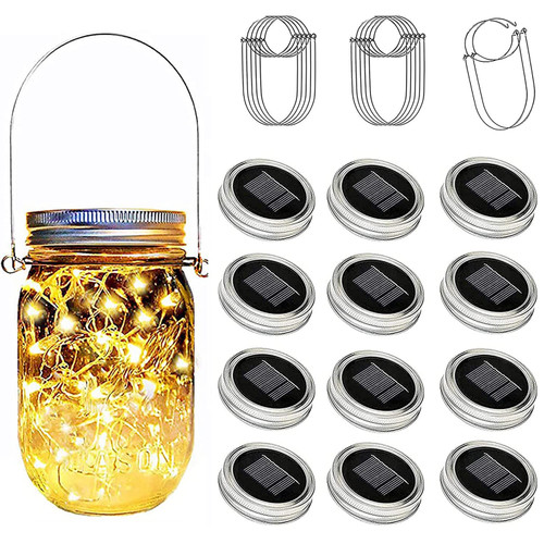 Ostritec Solar Mason Jar Lights Lids, 12 Pack 30 Led Fairy Lights(Jars Not Included), Outdoor Hanging Mason Jar Solar Lights, Fairy in a Jar Solar Firefly Lights for Patio Garden Table Decor
