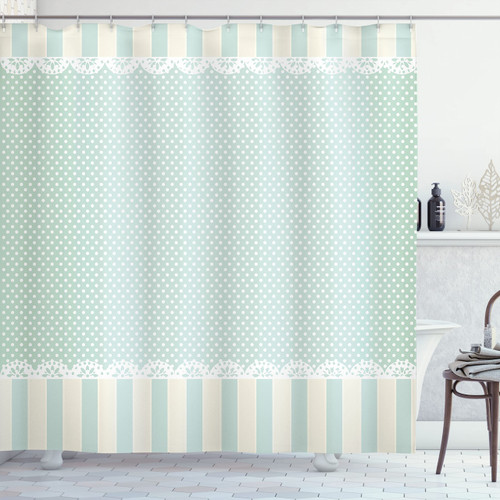 Ambesonne Shabby Flora Shower Curtain, Traditional Old Fashioned Vertical Stripes Ornaments and Dots, Cloth Fabric Bathroom Decor Set with Hooks, 69" W x 75" L, Almond Green Cream White