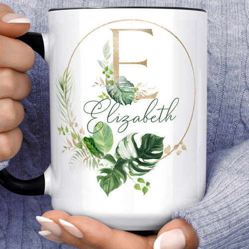 Monstera Plant Monogram Name Coffee Mug Bridesmaid Wedding Letter Microwave Dishwasher Safe Personalized Initial Ceramic Cup