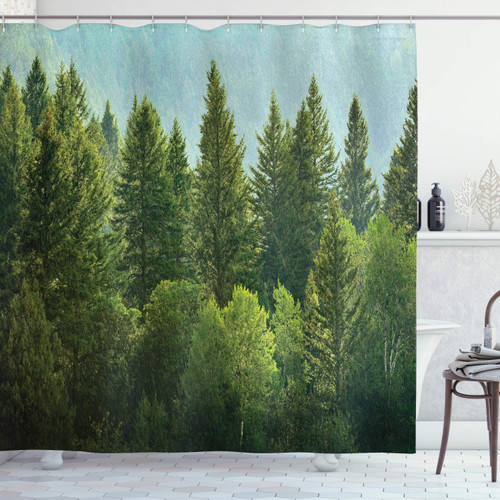 Ambesonne Nature Shower Curtain, Forest Pine Tree Tops Refreshing Eco Woodland Wilderness Mountainside Landscape Print, Cloth Fabric Bathroom Decor Set with Hooks, 69" W x 84" L, Green Teal