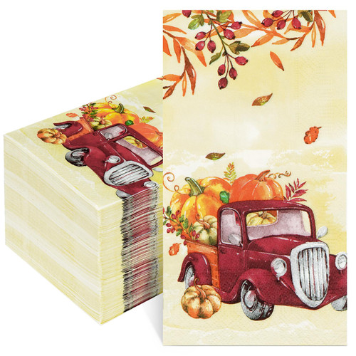 Homlouue 100Pcs Fall Napkins, 3-Ply Pumpkin Truck Paper Napkins for Thanksgiving Autumn Harvest Pumpkin Party, Thanksgiving Guest Napkins for Dinner Home Kitchen Bathroom Party Supplies Table Decor
