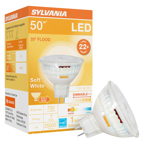 LEDVANCE Sylvania LED Flood MR16 Light Bulb, 50W Equivalent, 7W Efficient, GU5.3 Bi-Pin Base, 35 Degree Angle, Dimmable, 2700K, Soft White - 1 Pack (41376)