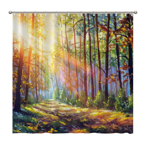 Shower Curtains Autumn Oil Painting Autumn Forest with Sunlight 72 x 72 Inch Shower Curtain Set with 12 Hooks Home Bathroom Bathtubs Decor Polyester Fabric Machine Washable Durable