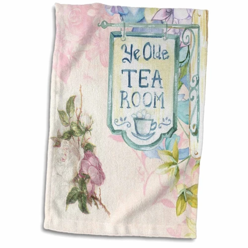 3D Rose Image of Blue Victorian Teahouse Sign with Roses Hand Towel, 15" x 22", Multicolor