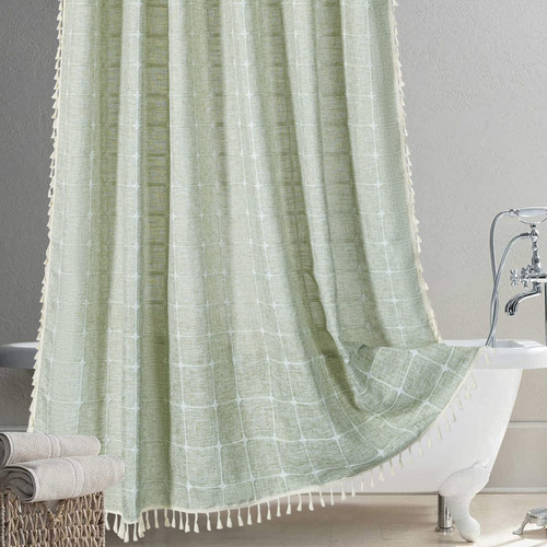 RoomTalks Green Boho Farmhouse Shower Curtain - Premium Quality Heavy Duty Linen Cute Modern Chic Bathroom Shower Curtain Set Bohemian Rustic Cottage Country Bathroom Decor Machine Washable