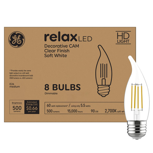 GE Lighting Relax LED Light Bulbs, 60 Watt Eqv, Soft White, Decorative Bulbs, Medium Base (8 Pack)