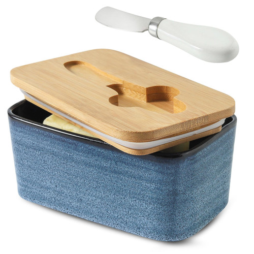 Ceramic Butter Dish with Bamboo Lid, Tikooere Butter Keeper Holder for Countertop and Fridge with Knife, Airtight Butter Container for East West Coast Butter, Porcelain Butter Tray for Gifts, Blue