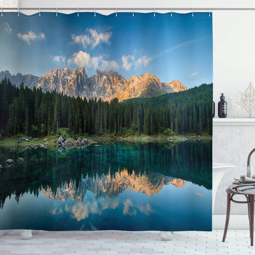 Ambesonne Landscape Shower Curtain, Lake Mountain Forest Landscape Lago Di Carezza Wild Nature Scenic Picture, Cloth Fabric Bathroom Decor Set with Hooks, 69" W x 84" L, Green Teal Ambesonne Landscape Shower Curtain, Lake Mountain Forest Landscape Lago Di Carezza Wild Nature Scenic Picture, Cloth Fabric Bathroom Decor Set with Hooks, 69" W x 84" L, Green Teal