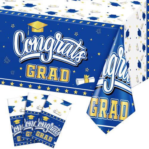 3 Pcs Graduation Plastic Tablecloths, Rectangle Waterproof Congrats Grad Table Cover, Disposable Class of 2023 Party Table Cloth Decorations for College High School, 54 x 108 Inches (Blue and Gold)