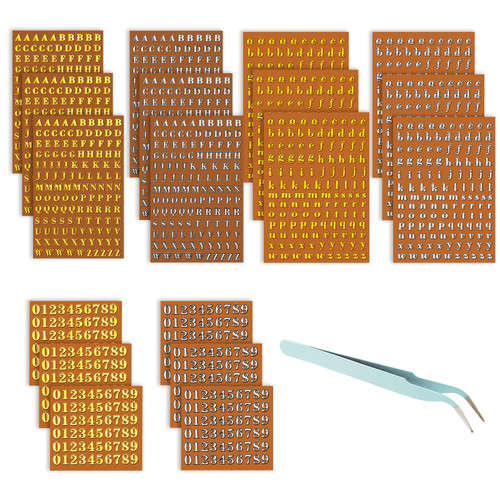 18 Sheets Small Letter Stickers for Resin, Mini Gold/Silver Letter Stickers Alphabet Number Stickers for Nail Art, Self Adhesive DIY Scrapbook Stickers with Tweezer