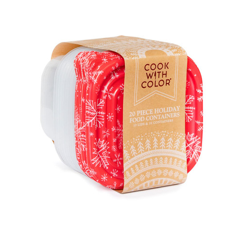 COOK WITH COLOR Containers with Lids - Holiday Plastic Food Storage Containers - Meal Prep Containers -10 Lunch Containers with 10 Lids, Airtight Reusable Containers -33.8 Oz / 1 L (Square Red Snowflakes)