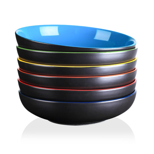 KitchenTour Ceramic Pasta Bowls - Large and Durable Serving Bowl Set 26 Ounce - Dishwasher and Microwave Safe - Set of 6, Deep blue, Multi-Color