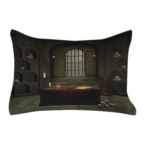 Ambesonne Gothic Quilted Pillowcover, Fantasy Theme Spell Casting Warlock Witch Skulls on Shelves Candles Spooky Scenery, Standard King Size Accent Pillow Cover for Bedroom, 36" x 20", Red Brown