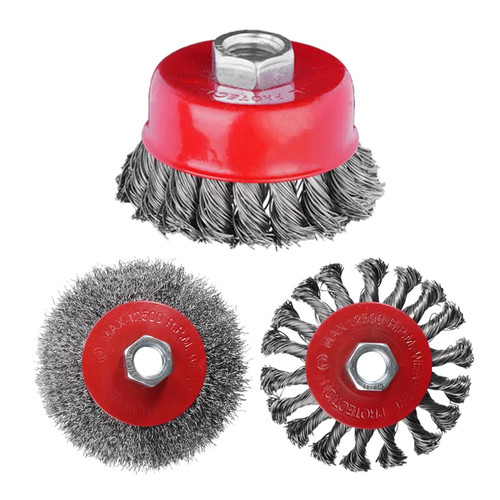 4 Inch Wire Wheel Brush Cup Brush Set, Coarse Crimped Twisted Knotted Cup Brush, 5/8 Inch-11 Threaded Arbor 0.002 Inch Carbon Steel for Angle Grinder, Heavy Cleaning Rust Stripping Abrasive (3)