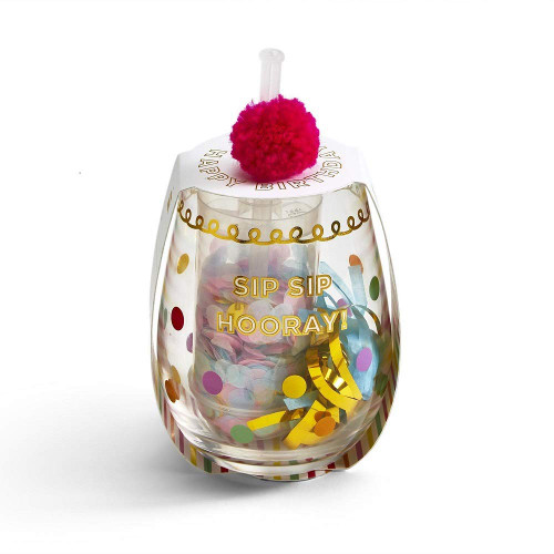 Two's Company Sip Sip Hooray! Happy Birthday Stemless Glass with Confetti Popper and Noise Maker