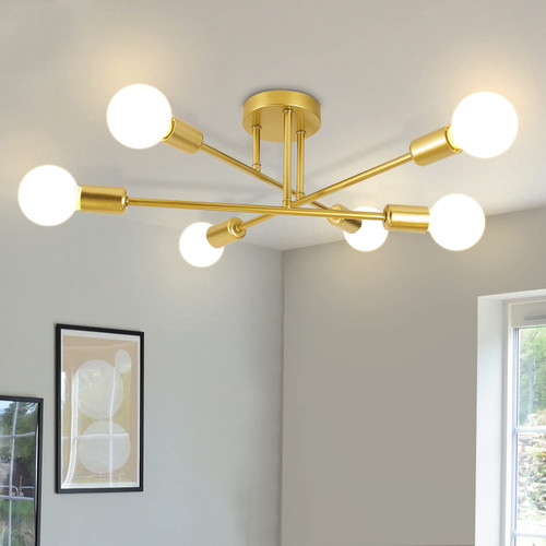 Hurrah Ceiling Light Fixture Semi Flush Mount - 6 Lights Sputnik Chandeliers Gold Industrial Close to Ceiling Light for Bedroom Dining Living Laundry Room Kitchen Hallway Entrance - E26 Base