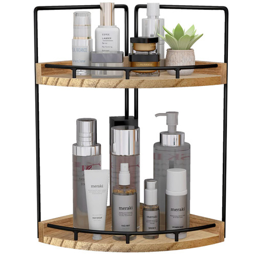 Dorhors 2-Tier Corner Bathroom Counter Organizer,Vanity Organizer,Counter Corner Shelf,Bathroom Storage and Organization,Skincare Organizers,Wood Countertop Organizer for Kitchen (Brown)
