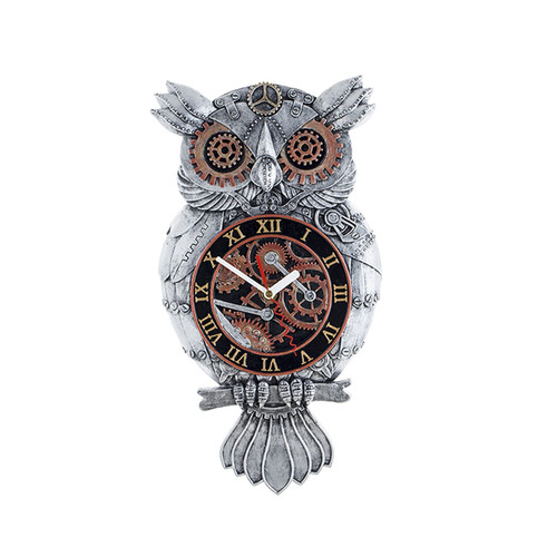RGWYGCG Owl Wall Clock, Steampunk Wall Clock, Owl Wall Decor Imitation Metal Wall Clock Handmade Owl Clock Resin Antique Clock for Bedroom Living Room Wall Clocks Battery Operated