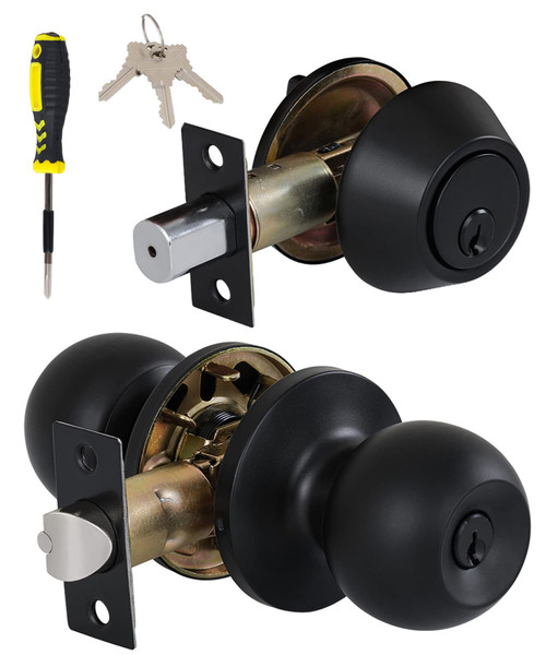 All Keyed Same Entry Knobs&Single Cylinder Deadbolt Combo Set for Exterior Front Doors, Matte Black Finish Entry Door Lock with Same Keys by Lanwandeng
