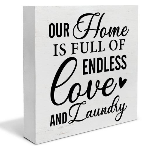 YIDOU Country Laundry Room Wood Box Sign Decor Desk Sign Endless Laundry Quote Wooden Box Block Sign Rustic Home Shelf Wall Laundry Room Decoration