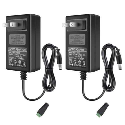 12V 3A LED Power Supply, 36W AC Adapter, 100-240V AC to 12V DC Transformer for LED Strip Lights, Wall Plug Power Adapter with 5.5/2.1 DC Female Barrel Connector (2 Pack)