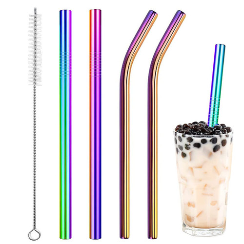 Vinaco Reusable Smoothie Straw & Boba straw, 0.5'' Extra Wide Stainless Steel Straw 10.5'' & 8.5'' Long Straw, 4 Pack Metal Straw with 1 Reusable Straw Brush Cleaner for Milkshake, Smoothie, Boba