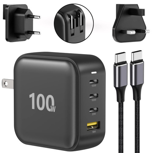 100W USB C Charger, Travel 4-Port GaN PD Fast Wall Charger Type C Charging Station Power Adapter for MacBook Pro Air, iPhone 14, iPad Samsung Pixel Lenovo HP Dell Laptop with Cable 6.6Ft, UK/EU Plug