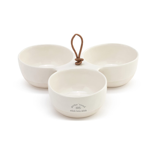DEMDACO Lotta Delish Classic White 8.5 inch Ceramic Stoneware Tri Serving Bowl