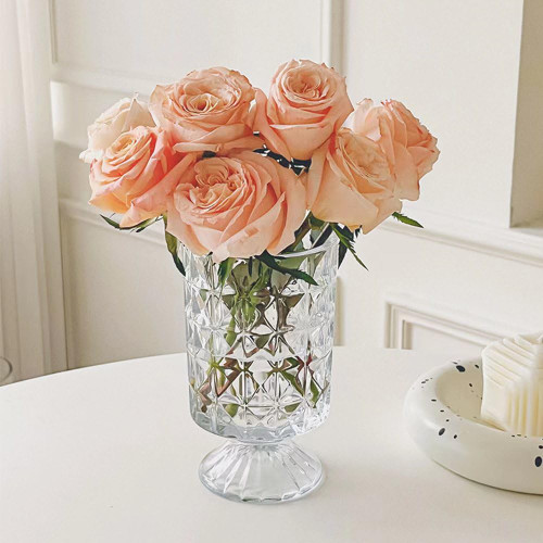 Clear Glass Vase, Glass Vases for Flowers Crystal Glass Cylinder Vase Embossed Glass Vase for Centerpieces Home Decor Modern Decorative Large Tall Glass Vase with Big Base(7.1x4.1 Inches)