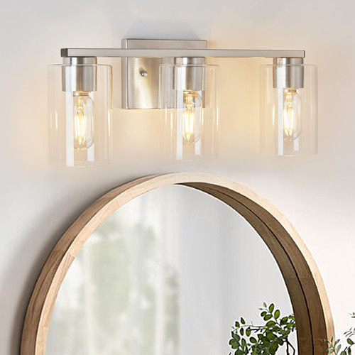 3-Light Bathroom Vanity Light Brushed Nickel Bathroom Light Fixtures, Metal Vanity Lights for Bathroom with Clear Glass Shade Wall Light Over Mirror Living Room Bedroom Hallway(E26 Base)