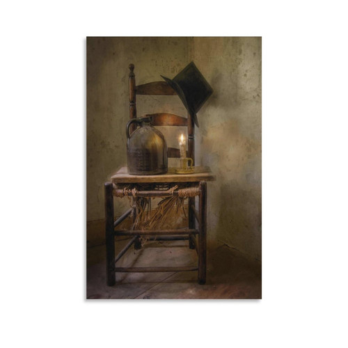MLXFCGA Still Life Aesthetic Poster of Burning Candles in Clay Pots on Wooden Chair Canvas Wall Art Prints for Wall Decor Room Decor Bedroom Decor Gifts 20x30inch(50x75cm) Unframe-Style