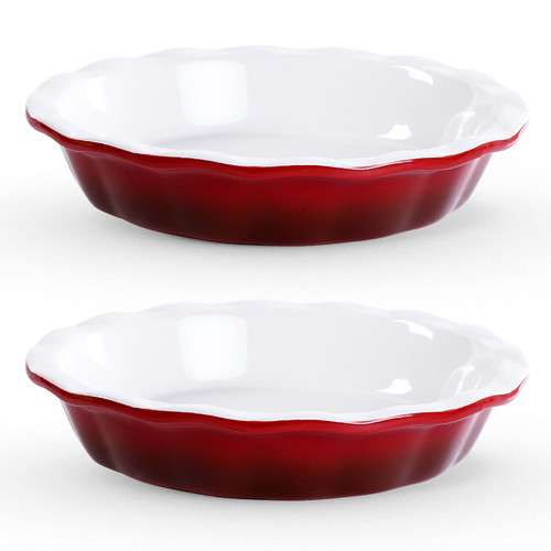 Lareina Pie Pans for Baking, Ceramic 9 Inch Deep Pie Dish with Rippled Edge for Apple Pie, Pecan Pie, Chicken Pot Pie, Colorful and Durable Pie Plate, Set of 2, Red