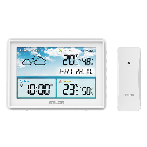 BALDR Home Weather Station & Indoor Outdoor Thermometer with Wireless Remote Sensor, Atomic Alarm Clock, Calendar, Humidity Monitor,& Weather Forecast & Digital Weather Station in LCD Display (White) BALDR Home Weather Station & Indoor Outdoor Thermometer with Wireless Remote Sensor, Atomic Alarm Clock, Calendar, Humidity Monitor,& Weather Forecast & Digital Weather Station in LCD Display (White)