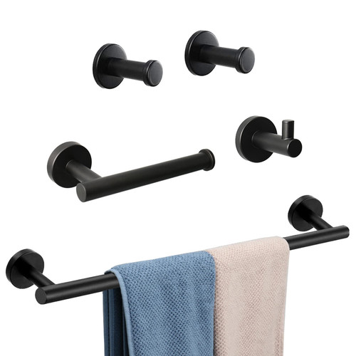 Vanloory 5 Pieces Bathroom Hardware Set 304 Stainless Steel-Towel Rack Set Include 24" Lengthen Hand Towel Bar+Toilet Paper Holder+3 Robe Towel Hooks Bathroom Accessory Towel Bar Set (24IN, Black)